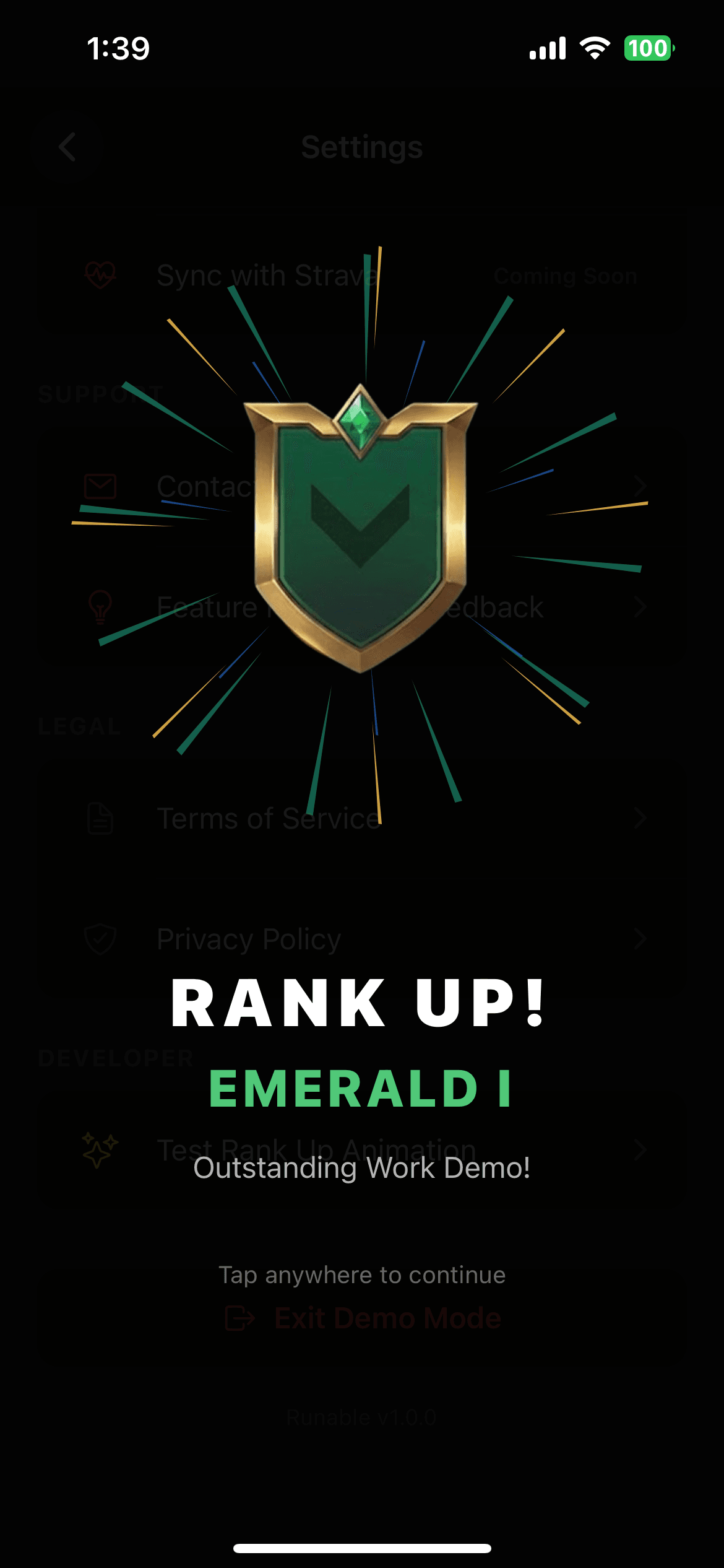 Runable rank up screen